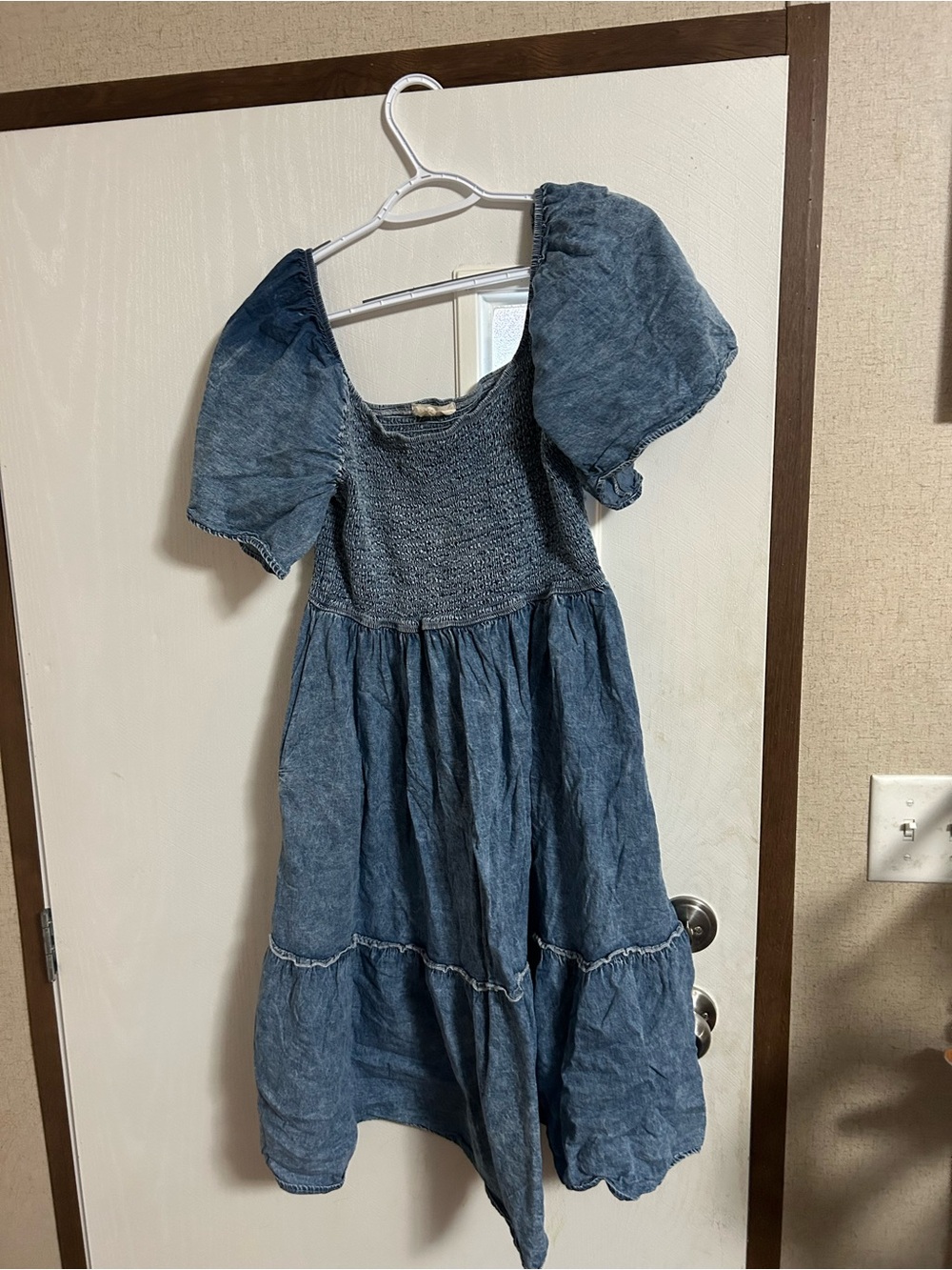 Denim-Style Puff Sleeve Mini Dress in Faded Blue
